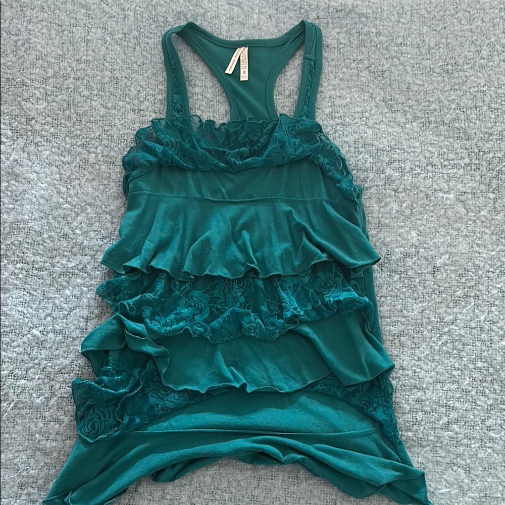 Color Story Teal Lace Ruffle Tank Top